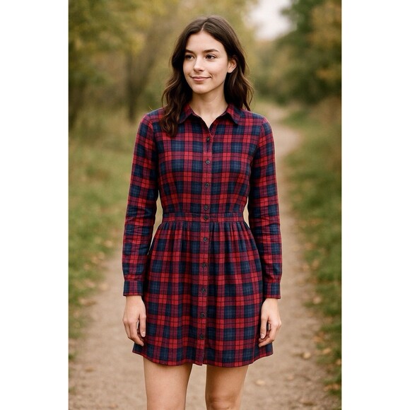 Lulus Women’s Plaid Button Front Babydoll Flannel Shirt Dress Cozy Fall Sz Med - Picture 2 of 9